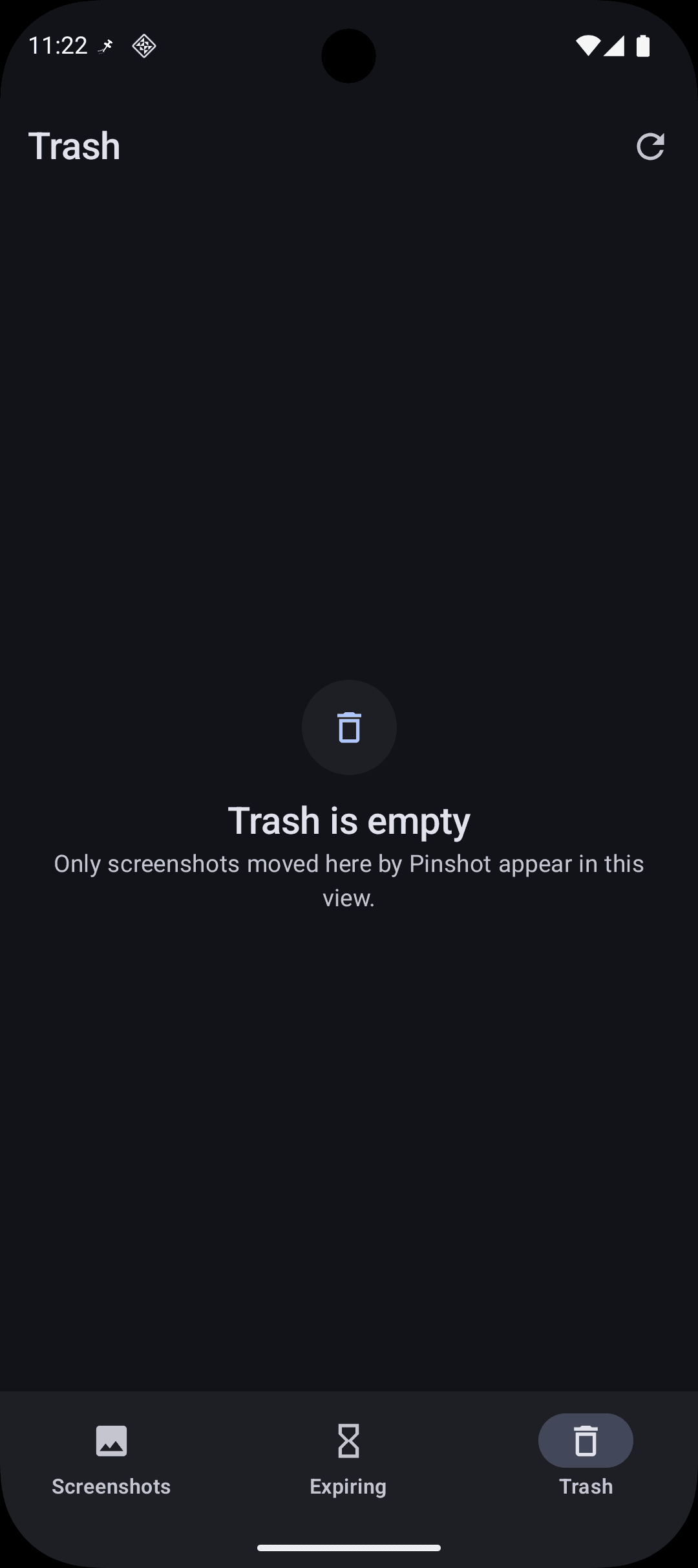 Pinshot trash screen in dark mode